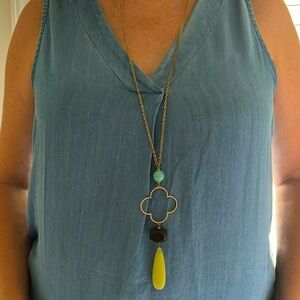 J. Crew Long Chain Decorative Teal Yellow Bead Gold Adjustable Necklace
